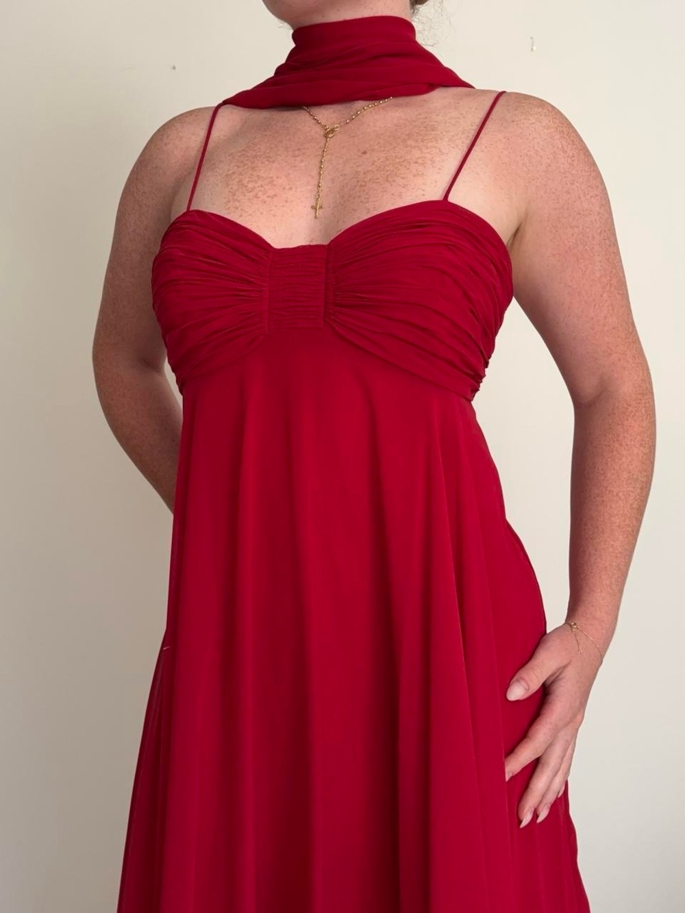 Vintage Red Strapless Spaghetti-Strap Evening Dress with Scarf
